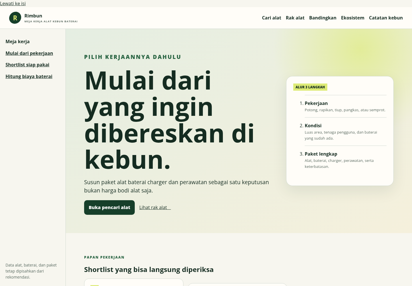 Contoh hasil CuanAff Rimbun di desktop, situs perbandingan alat kebun bertenaga baterai