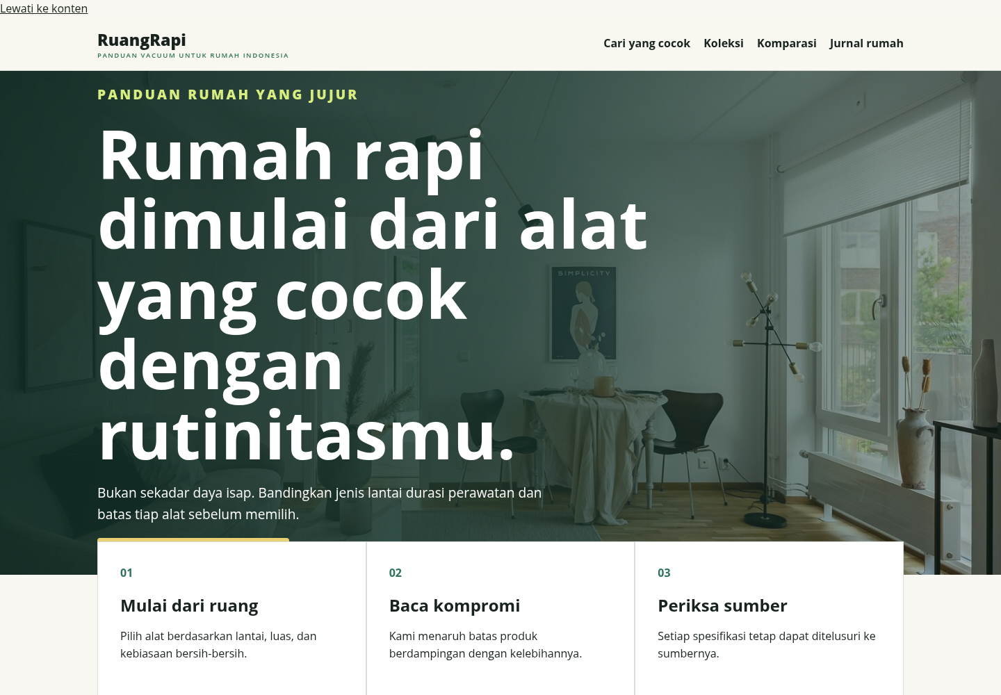 Contoh hasil CuanAff Ruang Rapi di desktop, situs perbandingan robot vacuum