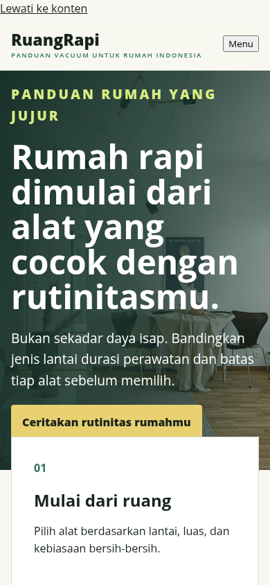 Contoh hasil CuanAff Ruang Rapi dalam tampilan mobile, situs perbandingan robot vacuum